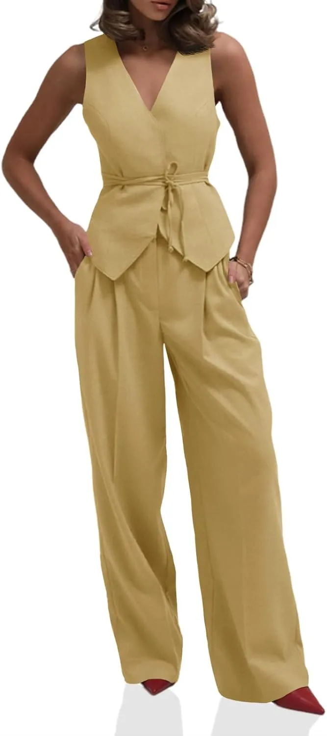 Cicy Bell Womens 2 Piece Outfits V Neck Tie Waist Blazer Vest and Wide Leg Business Casual Suit Pants Sets