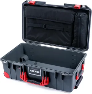 ColorCase Pelican Air 1535 Carry-on Case Graphite - Medium Size Waterproof Case with Laptop Computer Lid Pouch Only - Red Handles, Latches & Trolley