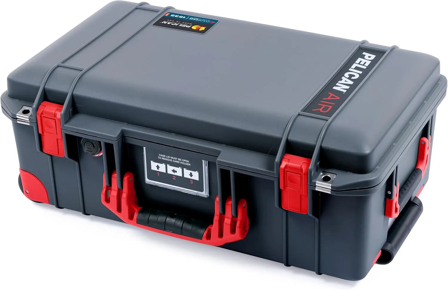 ColorCase Pelican Air 1535 Carry-on Case Graphite - Medium Size Waterproof Case with Laptop Computer Lid Pouch Only - Red Handles, Latches & Trolley