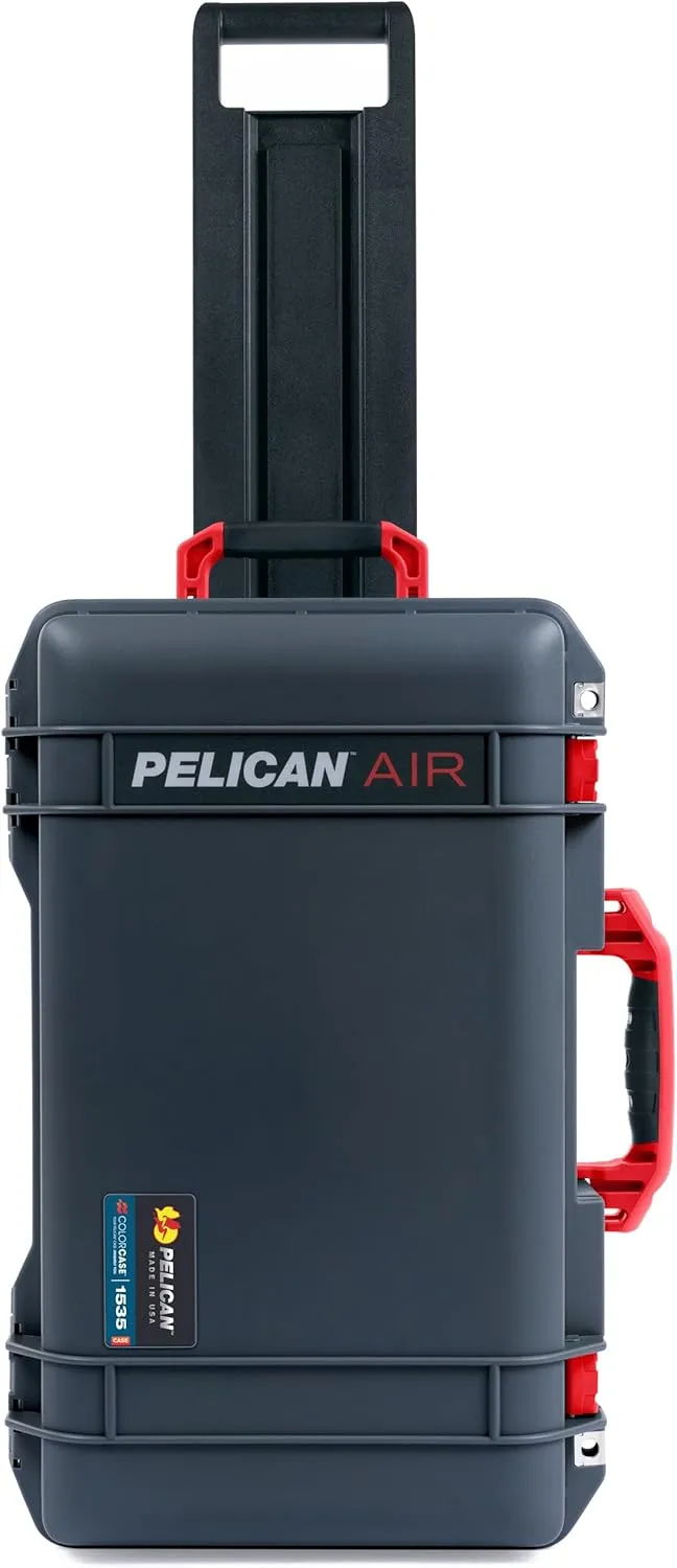 ColorCase Pelican Air 1535 Carry-on Case Graphite - Medium Size Waterproof Case with Laptop Computer Lid Pouch Only - Red Handles, Latches & Trolley