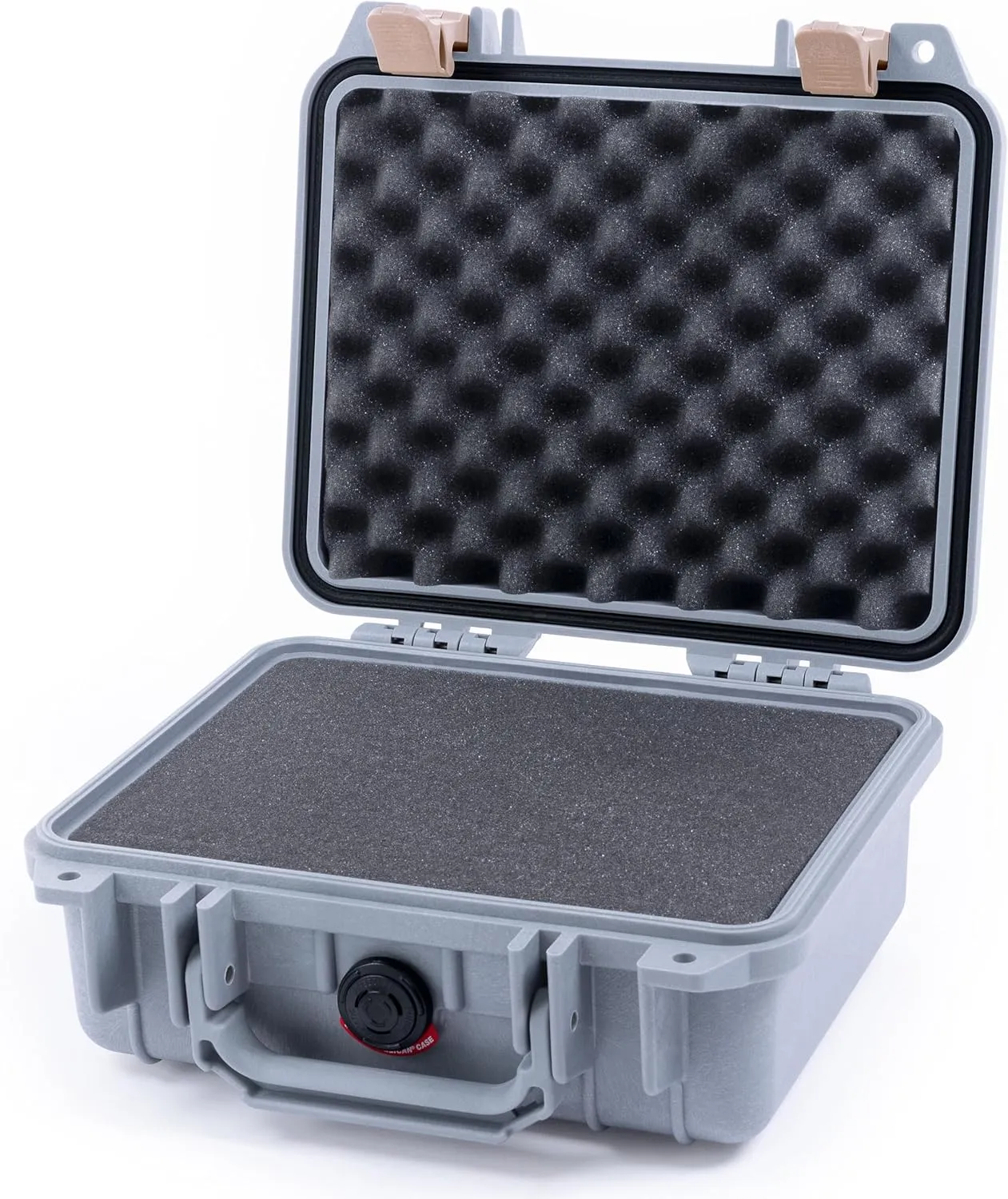 ColorCase Pelican Protector 1200 Case Silver - Small Size Waterproof Case with Pick & Pluck Foam & Convoluted Lid Foam - Desert Tan Latches