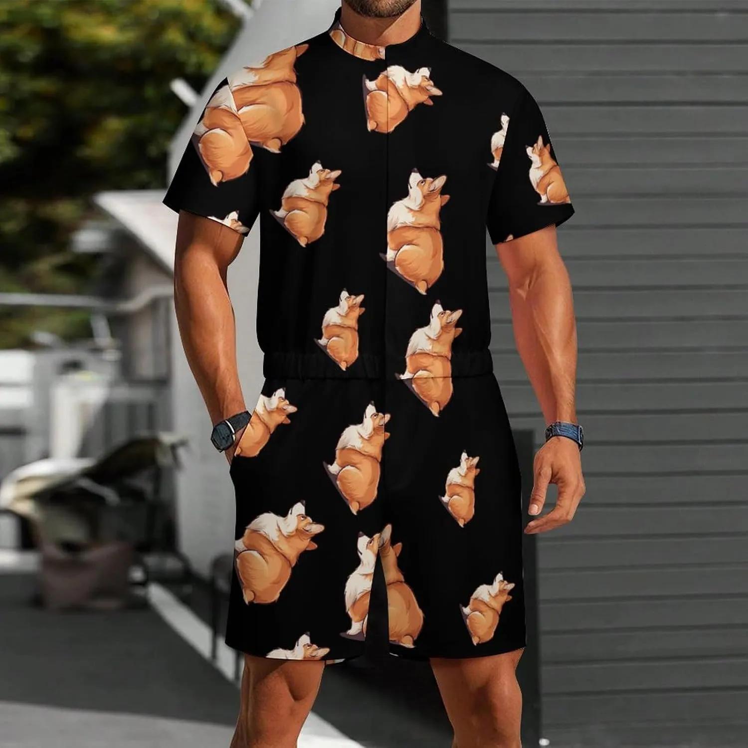 Corgi Mens Short Sleeve Rompers Printed Slim Fit One Piece Jumpsuit with Pocket