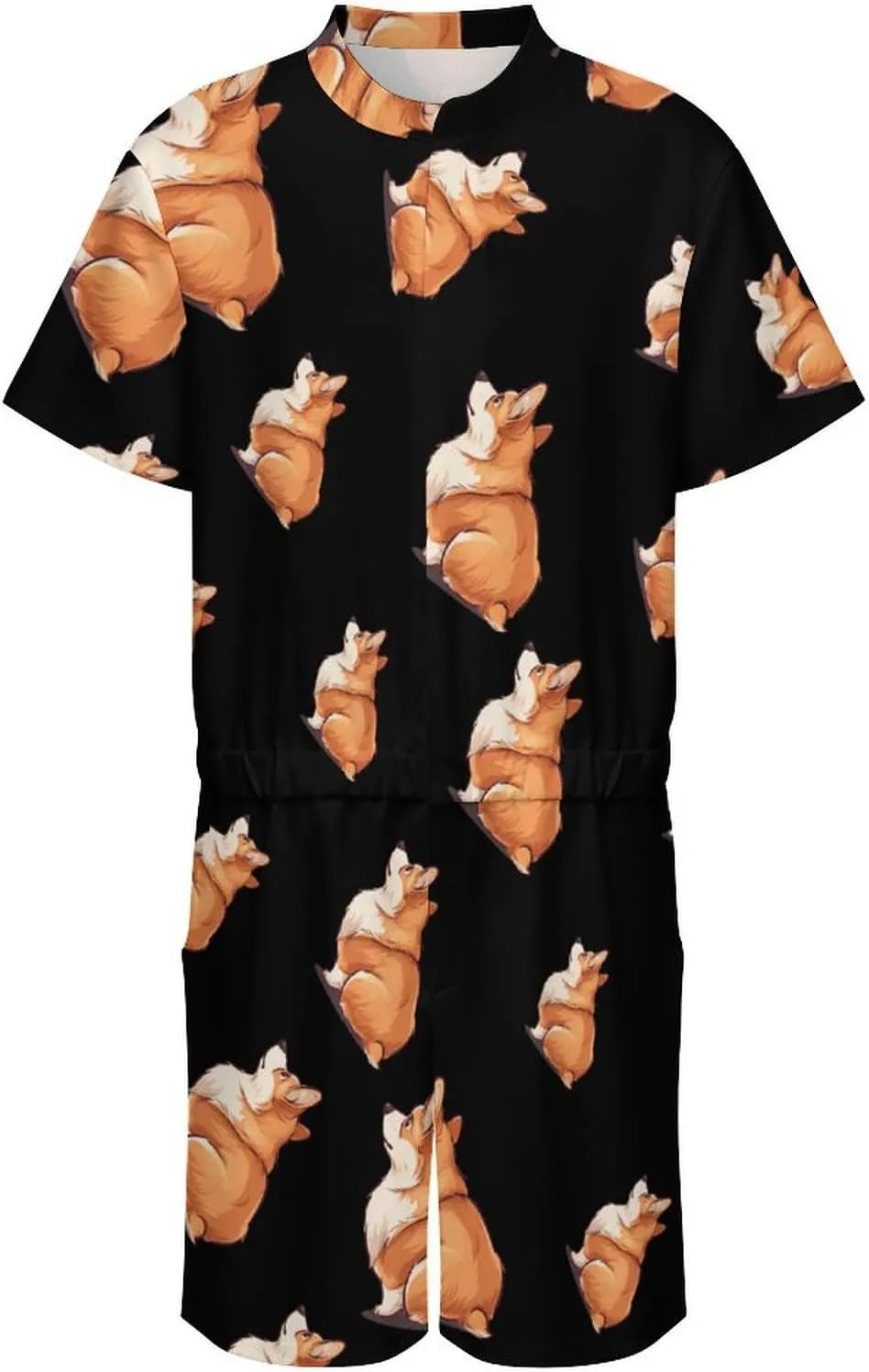Corgi Mens Short Sleeve Rompers Printed Slim Fit One Piece Jumpsuit with Pocket