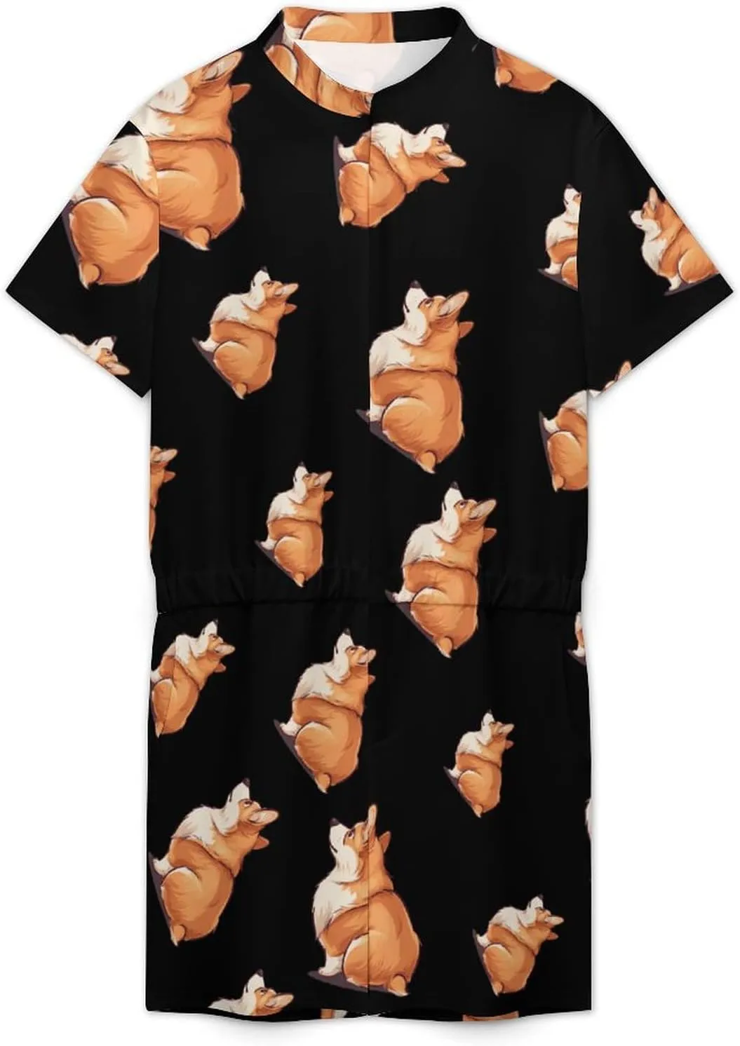 Corgi Mens Short Sleeve Rompers Printed Slim Fit One Piece Jumpsuit with Pocket