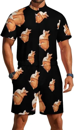 Corgi Mens Short Sleeve Rompers Printed Slim Fit One Piece Jumpsuit with Pocket