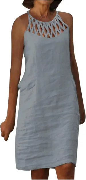 Cotton Linen Dresses for Womens 2024 Trendy Summer Casual Loose Short Sleeve Midi Dress Elegant Lace Beach Sundress