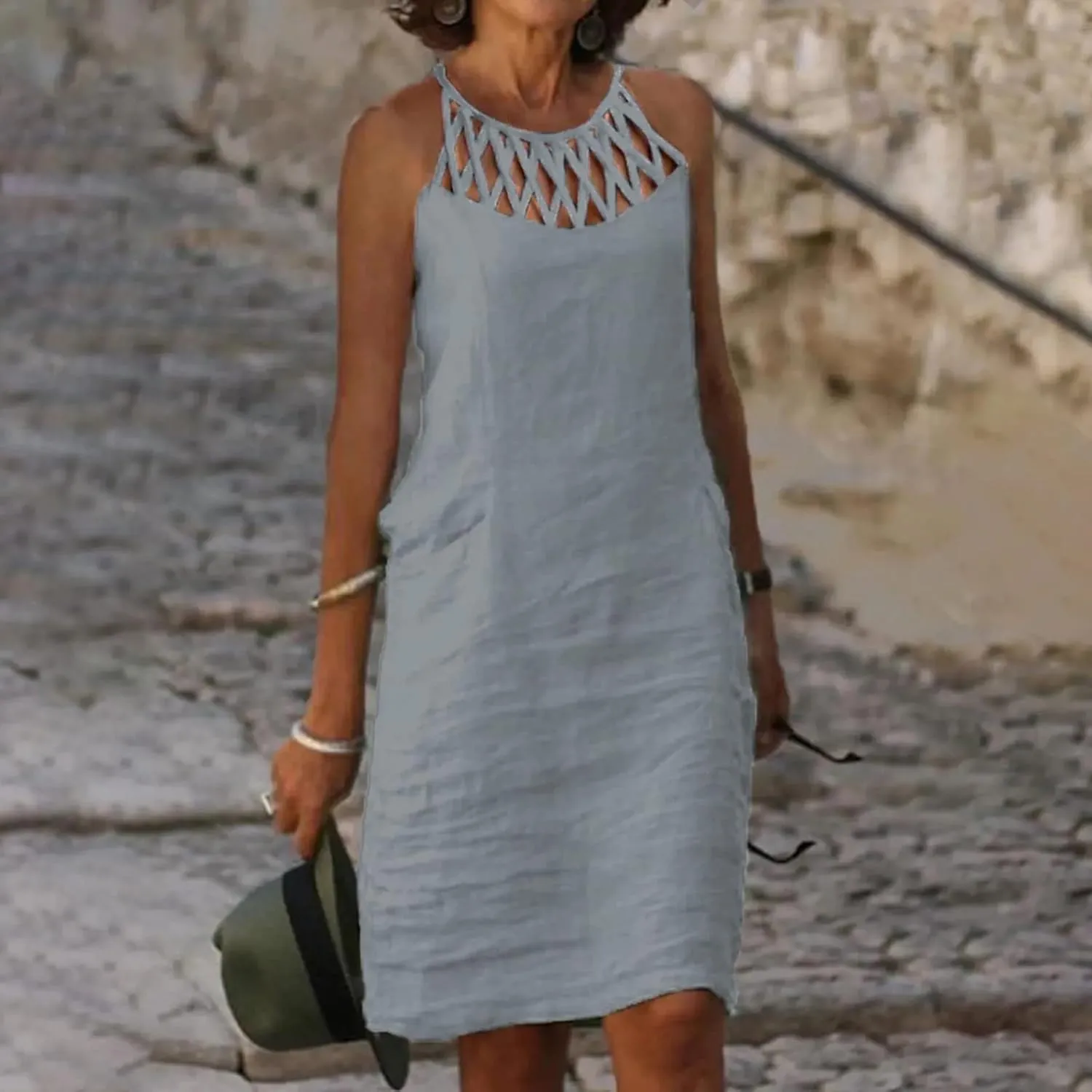 Cotton Linen Dresses for Womens 2024 Trendy Summer Casual Loose Short Sleeve Midi Dress Elegant Lace Beach Sundress