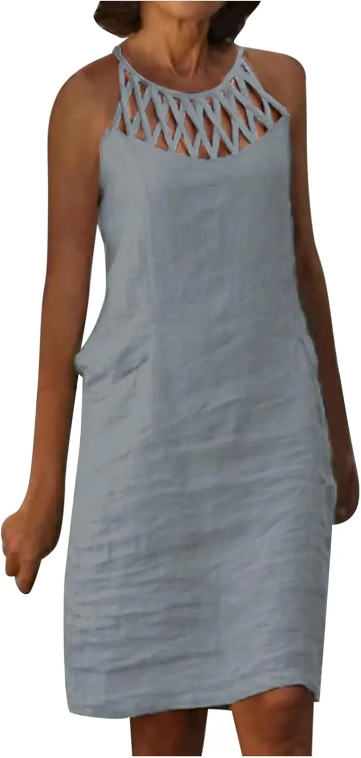 Cotton Linen Dresses for Womens 2024 Trendy Summer Casual Loose Short Sleeve Midi Dress Elegant Lace Beach Sundress