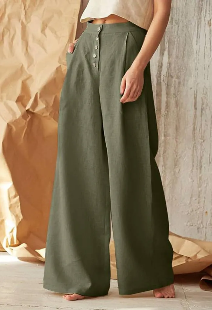 Cotton Linen High Waisted Wide Leg Button Down Loose Pants