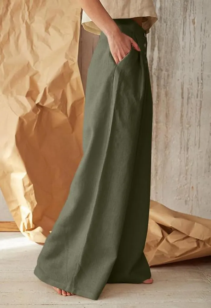 Cotton Linen High Waisted Wide Leg Button Down Loose Pants