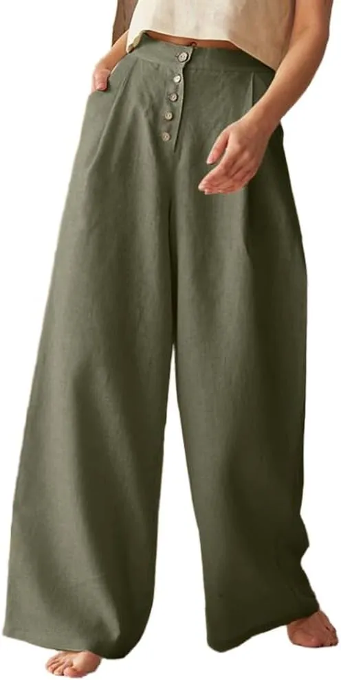 Cotton Linen High Waisted Wide Leg Button Down Loose Pants
