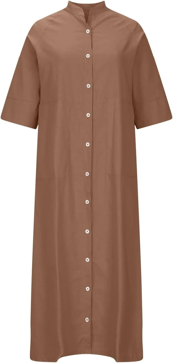 Cotton Linen Shirt Dress for Women Summer Button-Down Blouse Tops Flowy Loose A-Line Midi Dress Tunic Dress Plus Size