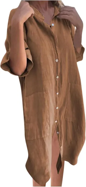 Cotton Linen Shirt Dress for Women Summer Button-Down Blouse Tops Flowy Loose A-Line Midi Dress Tunic Dress Plus Size
