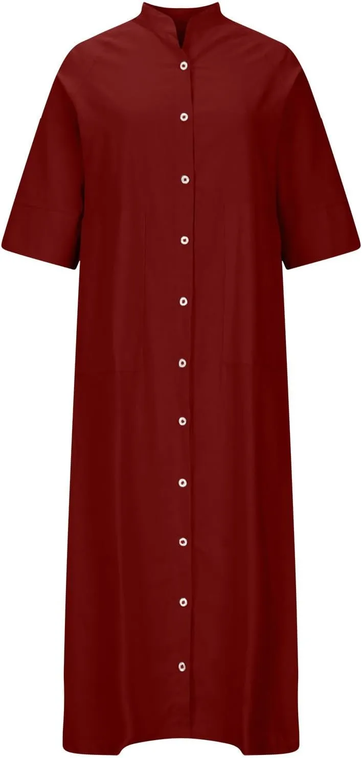 Cotton Linen Shirt Dress for Women Summer Button-Down Blouse Tops Flowy Loose A-Line Midi Dress Tunic Dress Plus Size