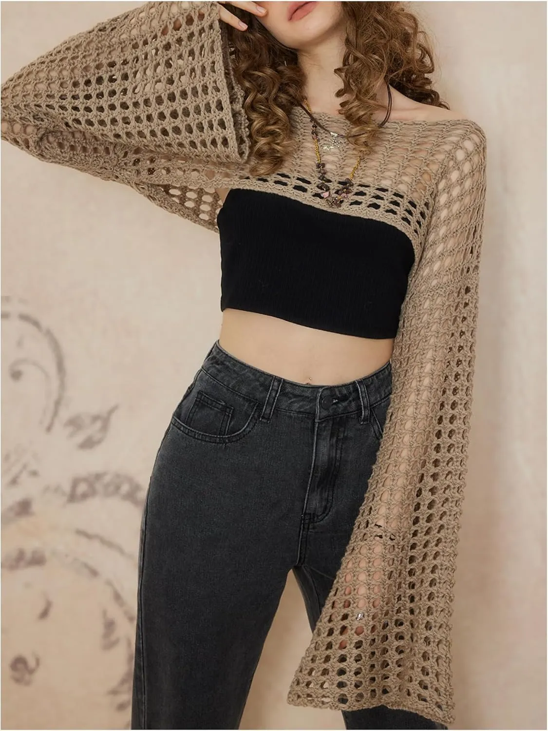 COZYEASE Women's Plus Size Y2K Hollow Out Long Sleeve Shrug Boat Neck Knit Crop Top Crochet Pullover Sweater