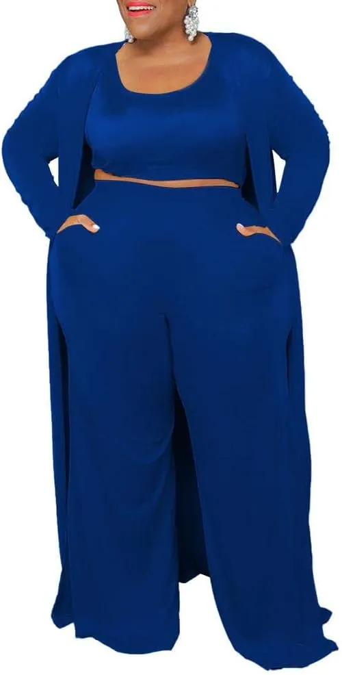 CROSTRITON Women 3 Piece Plus Size Suit Solid Long Sleeve Open Front Long Coat with Leg pants Loungewear