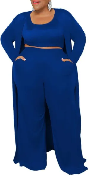 CROSTRITON Women 3 Piece Plus Size Suit Solid Long Sleeve Open Front Long Coat with Leg pants Loungewear