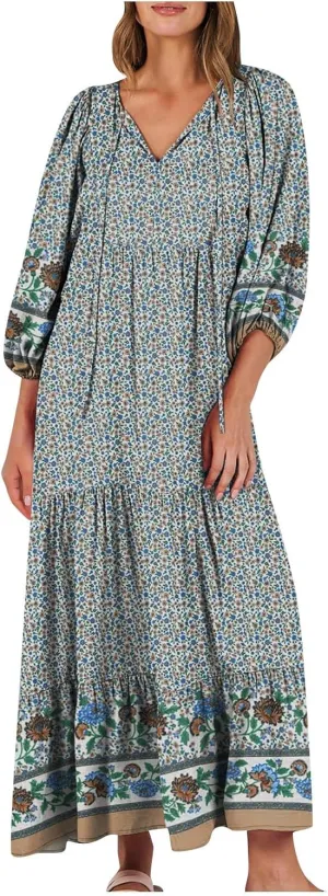 Cute Beach Vacation Sundresses Women Trendy Casual Summer Half Sleee V -Neck Maxi Dress Boho Floral Flowy Dresses