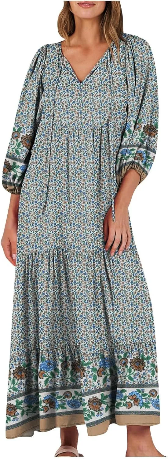 Cute Beach Vacation Sundresses Women Trendy Casual Summer Half Sleee V -Neck Maxi Dress Boho Floral Flowy Dresses