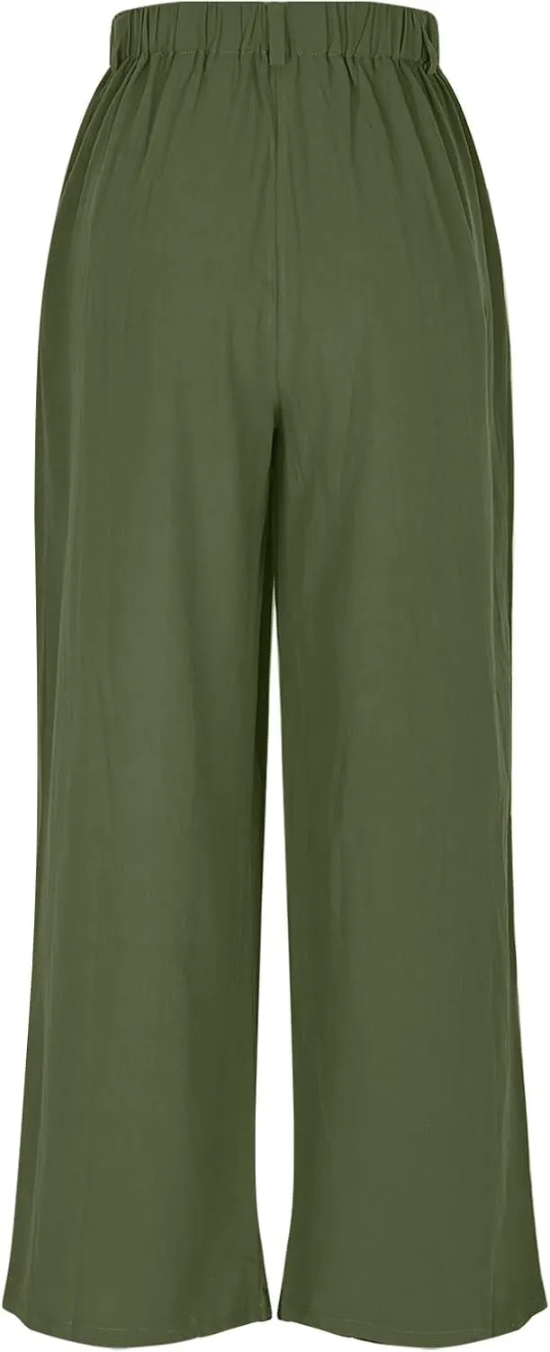 DASAYO Linen Pants for Women Dressy Casual High Waisted Cropped Palazzo Ladies Wide Leg Trousers with Pockets Summer Clothes