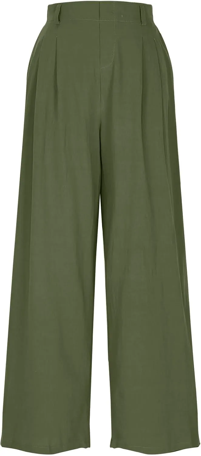 DASAYO Linen Pants for Women Dressy Casual High Waisted Cropped Palazzo Ladies Wide Leg Trousers with Pockets Summer Clothes