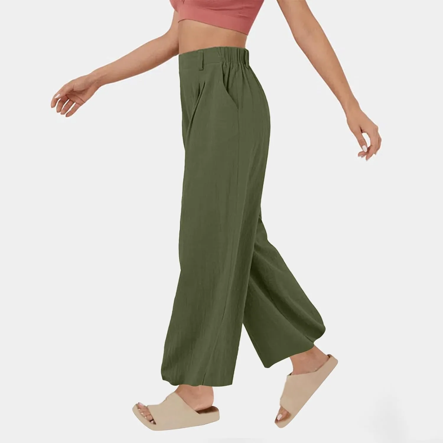 DASAYO Linen Pants for Women Dressy Casual High Waisted Cropped Palazzo Ladies Wide Leg Trousers with Pockets Summer Clothes
