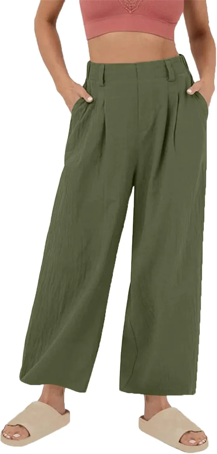 DASAYO Linen Pants for Women Dressy Casual High Waisted Cropped Palazzo Ladies Wide Leg Trousers with Pockets Summer Clothes