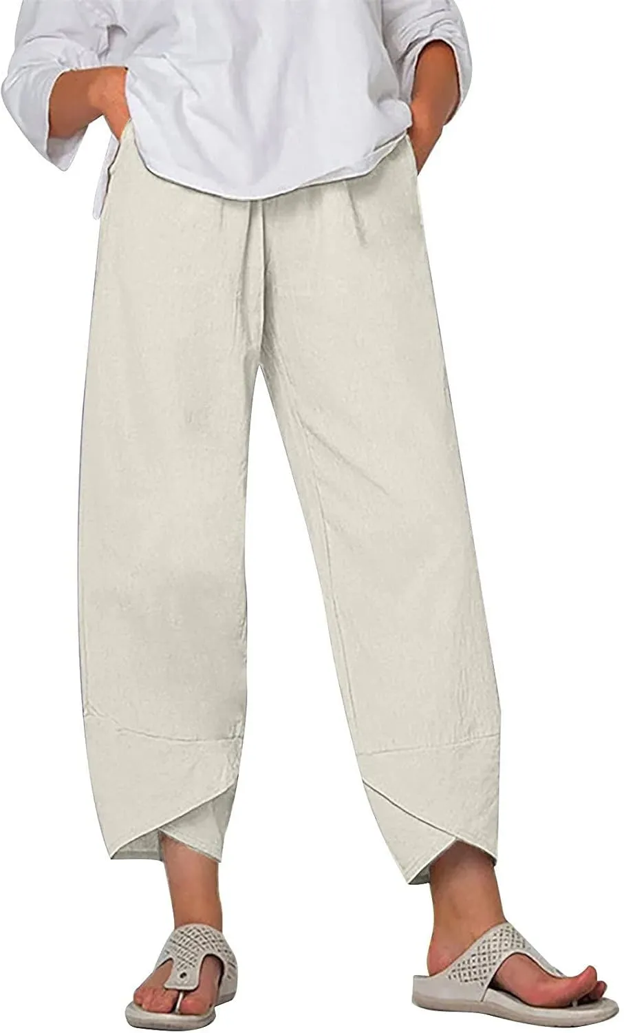 DASAYO Linen Pants Women Trendy Elastic Waist Casual Pants with Pockets Lightweight Lounge Trousers Ladies Summer Outfits