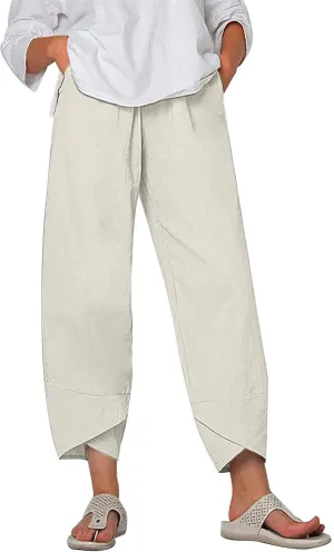 DASAYO Linen Pants Women Trendy Elastic Waist Casual Pants with Pockets Lightweight Lounge Trousers Ladies Summer Outfits