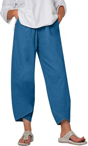 DASAYO Linen Pants Women Trendy Elastic Waist Casual Pants with Pockets Lightweight Lounge Trousers Ladies Summer Outfits