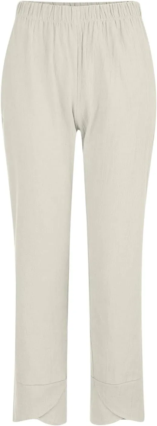 DASAYO Linen Pants Women Trendy Elastic Waist Casual Pants with Pockets Lightweight Lounge Trousers Ladies Summer Outfits