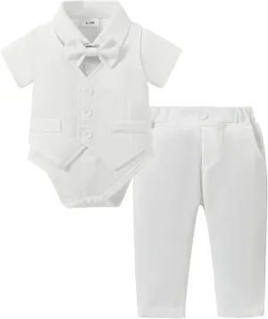 DISAUR Baby Boy Clothes Toddler Boy Outfits 4PCS Gentleman Dress Romper/Vest/Pants/Bow Tie Cotton Suit Sets
