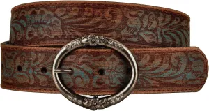 Distressed and Embossed Brown Teal Leather Belt with Rhinestone Ring Buckle
