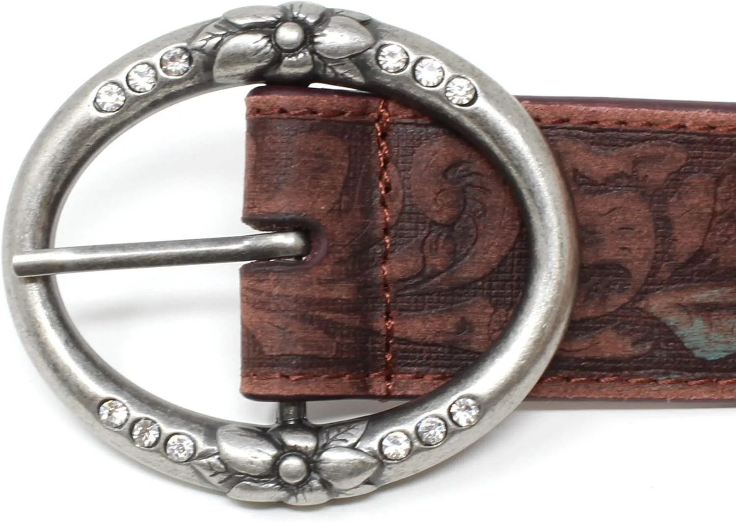 Distressed and Embossed Brown Teal Leather Belt with Rhinestone Ring Buckle