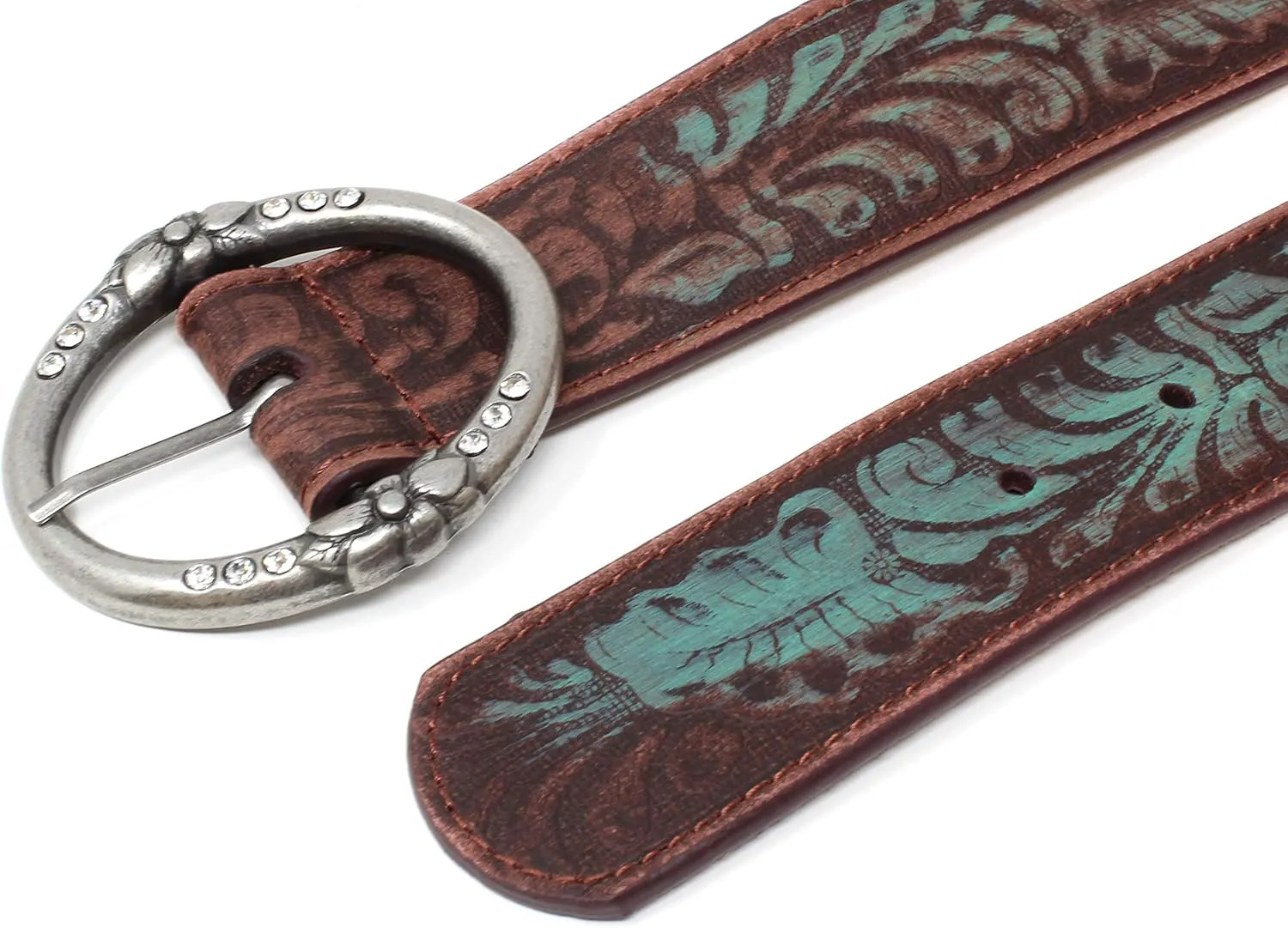 Distressed and Embossed Brown Teal Leather Belt with Rhinestone Ring Buckle