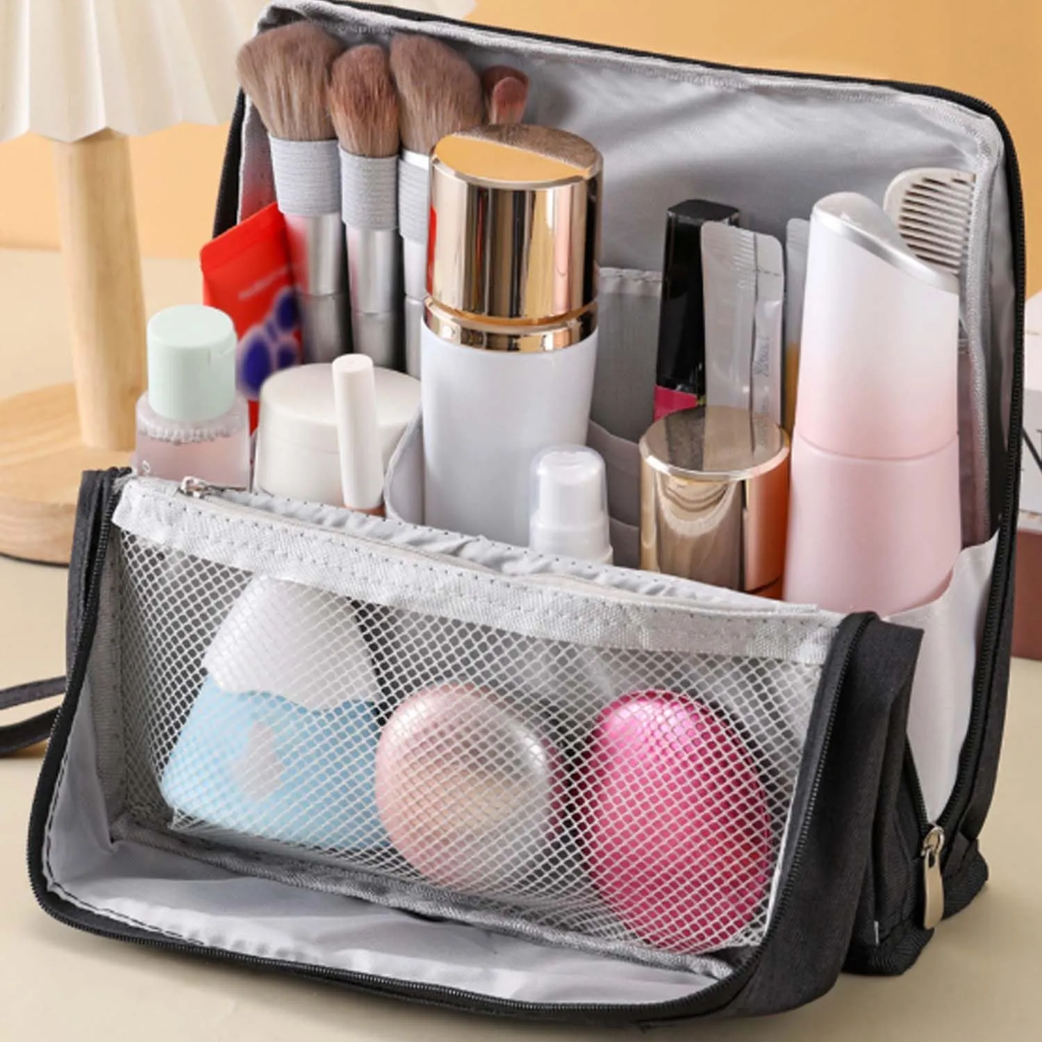 Doresty Makeup Bag, Standing Makeup Bag, Doresty Multi-Purpose Large Capacity Oxford Cloth Standing MakeupBag, Large Capacity Waterproof Multifunctional Make Up Bags (Gray)