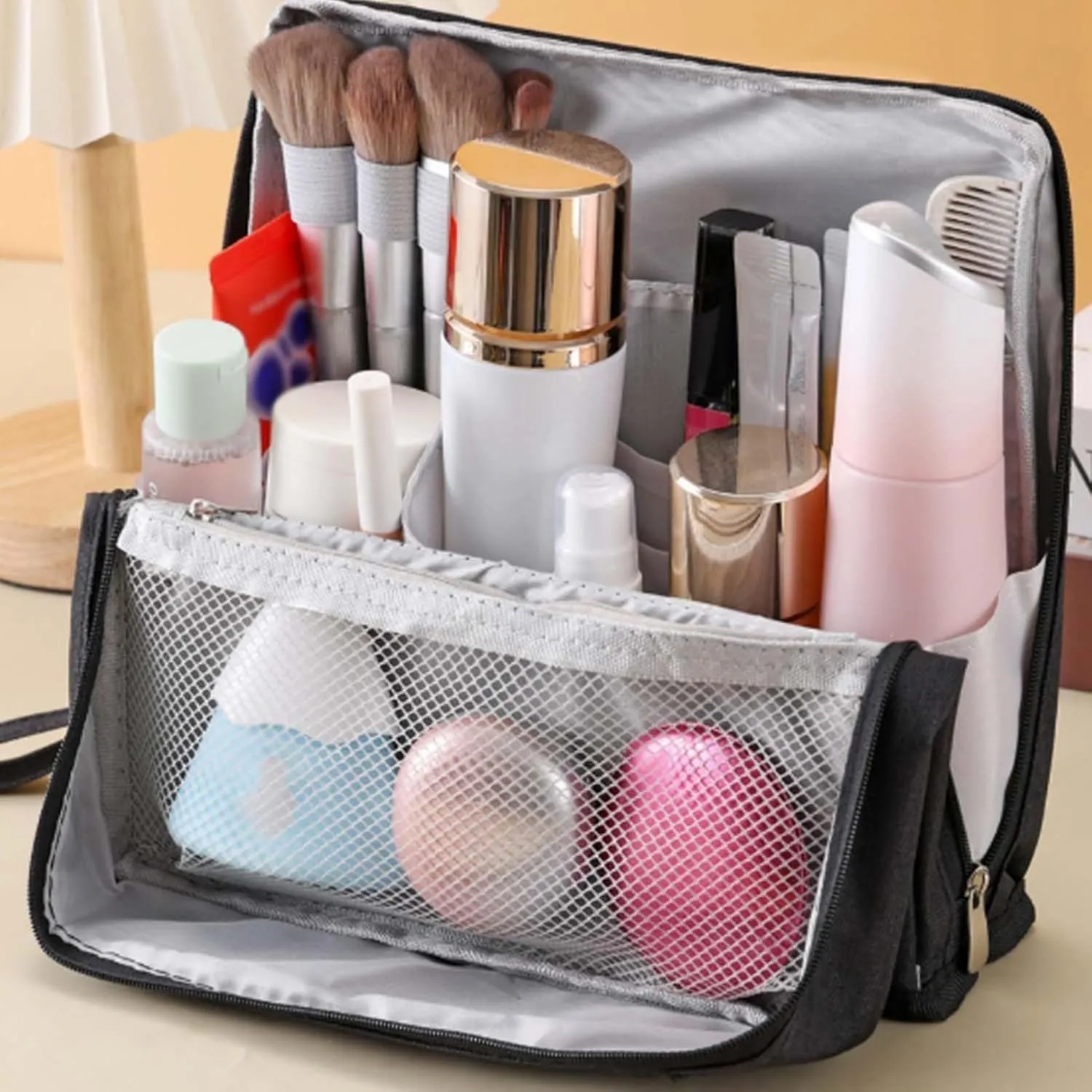 Doresty Makeup Bag, Standing Makeup Bag  Portable, Large Capacity, Travel Waterproof Organizer with Compartments for Women and Men(Navy)
