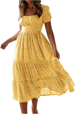 Dresses for Women 2024 Polka Dots Print Boho Dresses Casual Summer Midi Dress A Line Tiered Ruffle Flowy Dress