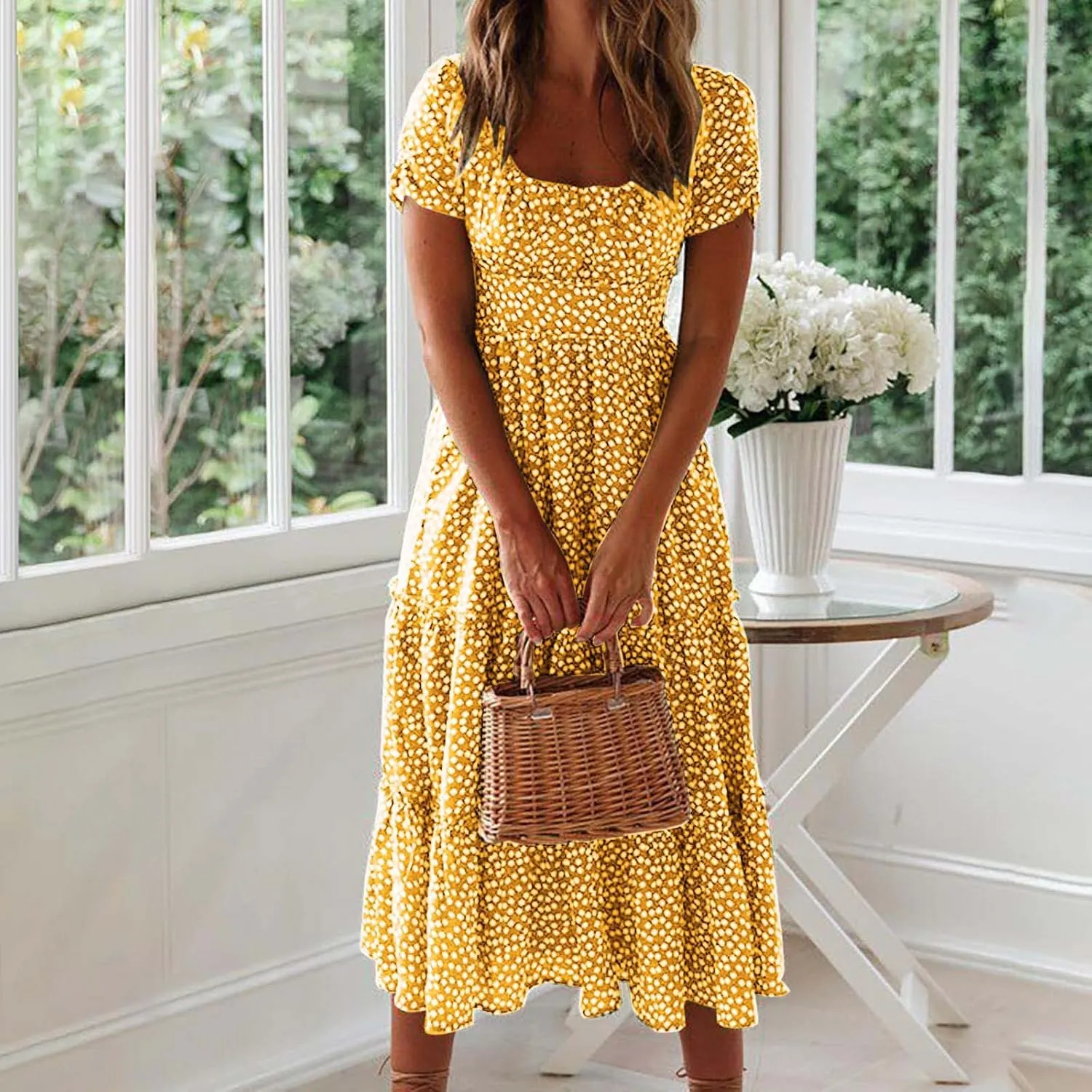 Dresses for Women 2024 Polka Dots Print Boho Dresses Casual Summer Midi Dress A Line Tiered Ruffle Flowy Dress