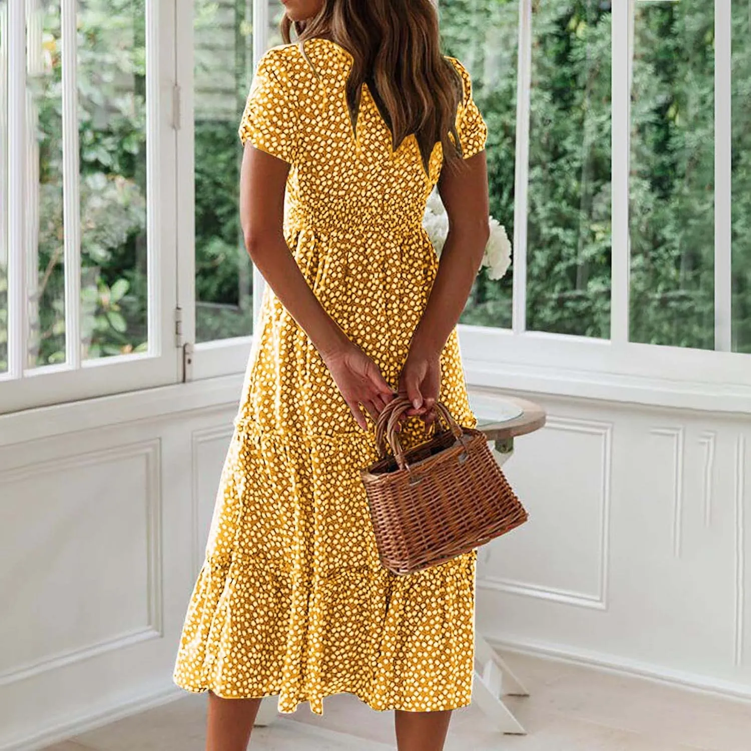 Dresses for Women 2024 Polka Dots Print Boho Dresses Casual Summer Midi Dress A Line Tiered Ruffle Flowy Dress
