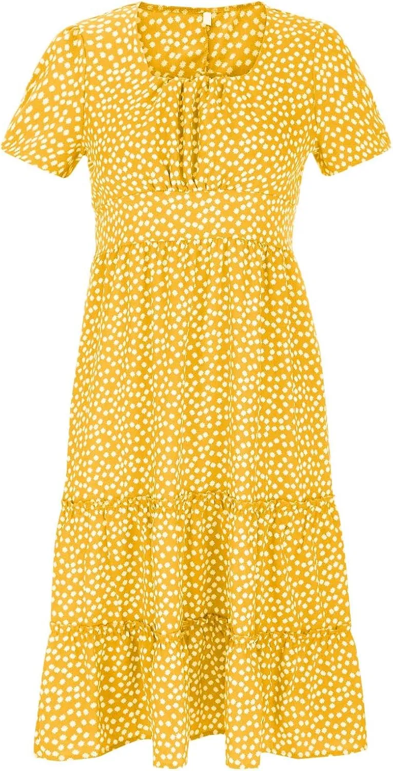 Dresses for Women 2024 Polka Dots Print Boho Dresses Casual Summer Midi Dress A Line Tiered Ruffle Flowy Dress