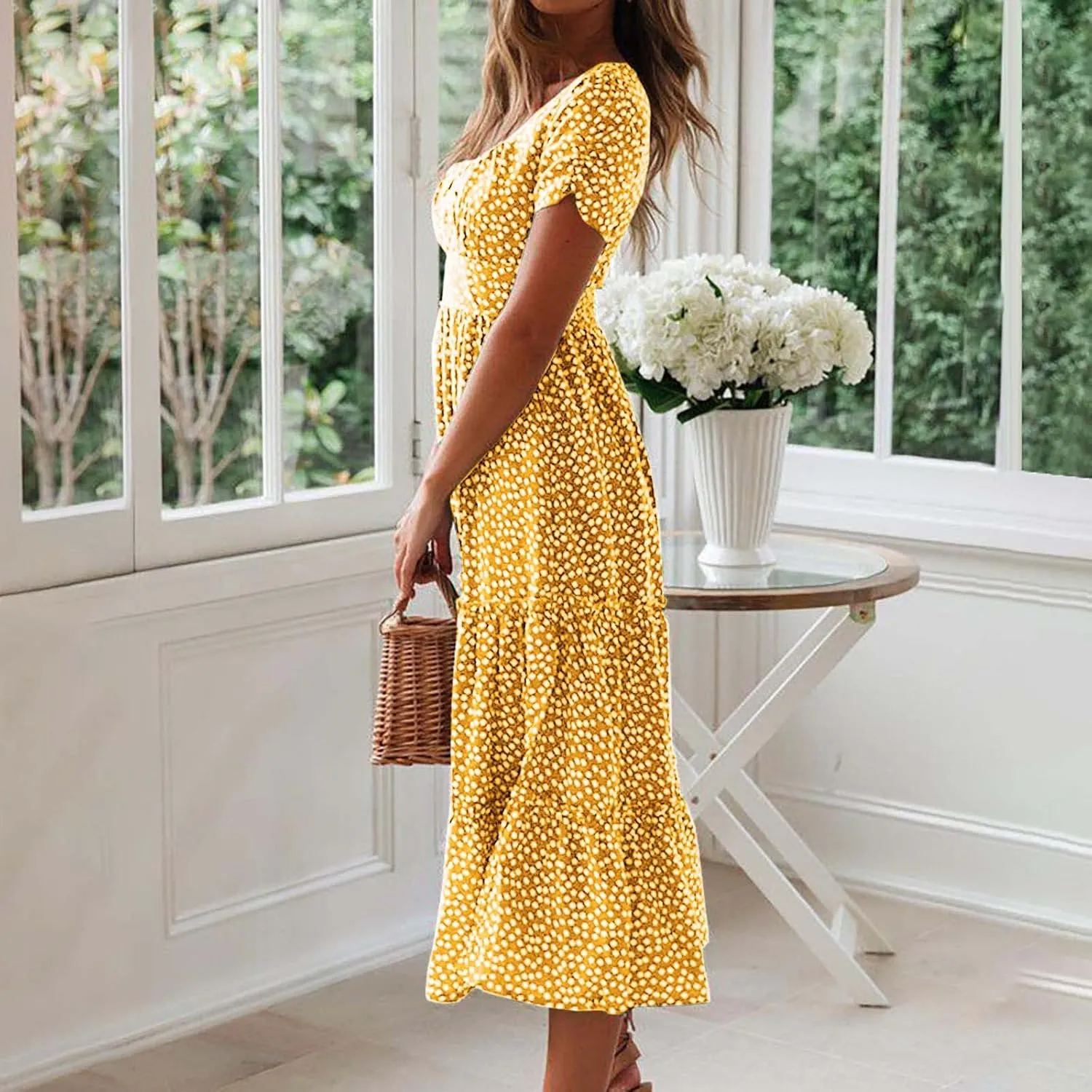 Dresses for Women 2024 Polka Dots Print Boho Dresses Casual Summer Midi Dress A Line Tiered Ruffle Flowy Dress