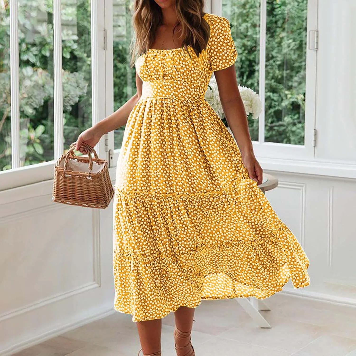 Dresses for Women 2024 Polka Dots Print Boho Dresses Casual Summer Midi Dress A Line Tiered Ruffle Flowy Dress