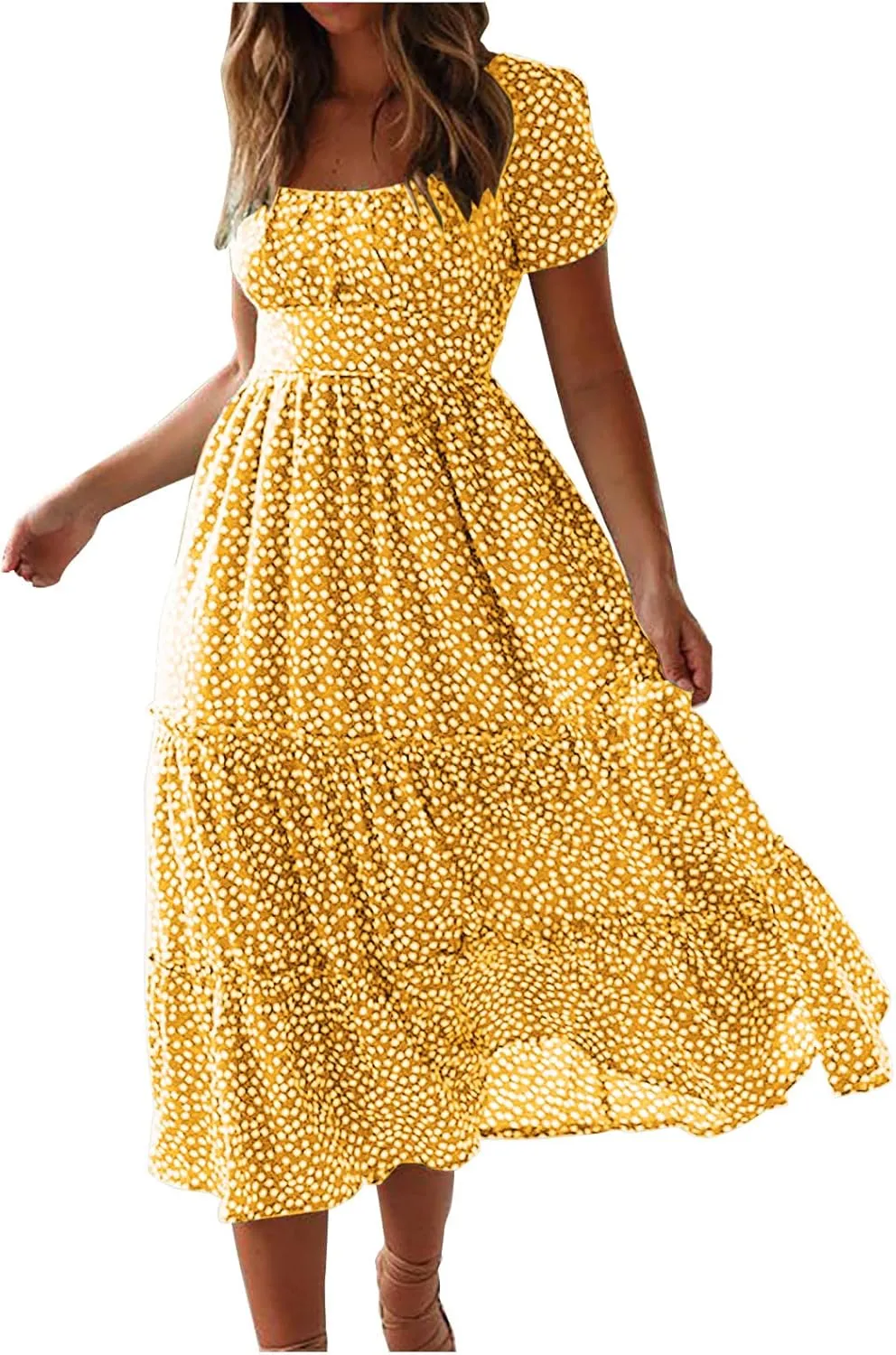 Dresses for Women 2024 Polka Dots Print Boho Dresses Casual Summer Midi Dress A Line Tiered Ruffle Flowy Dress