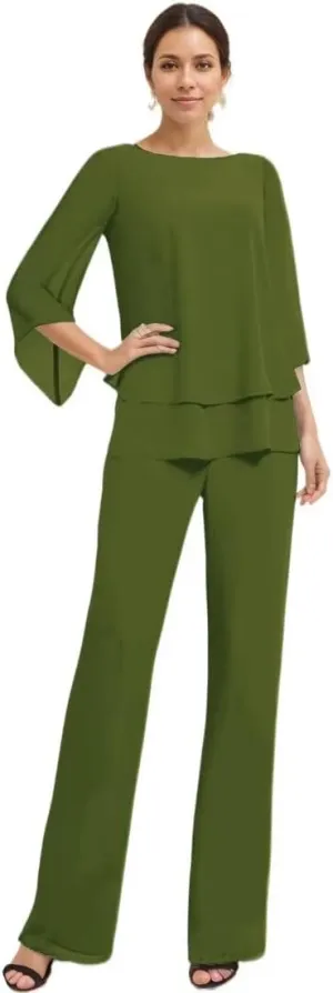 Dressy Mother of The Bride Pant Suits for Wedding Chiffon 2 Piece Evening Outfits Women Formal Pantsuits with Sleeve