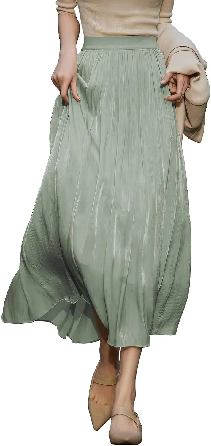 ebossy Women's Summer Elegant Shiny Lustrous Midi Skirt Elastic Waist Pleated Flowy Swing A-line Skirts