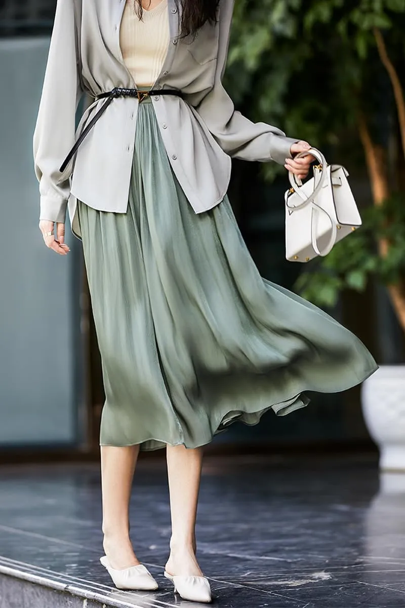 ebossy Women's Summer Elegant Shiny Lustrous Midi Skirt Elastic Waist Pleated Flowy Swing A-line Skirts