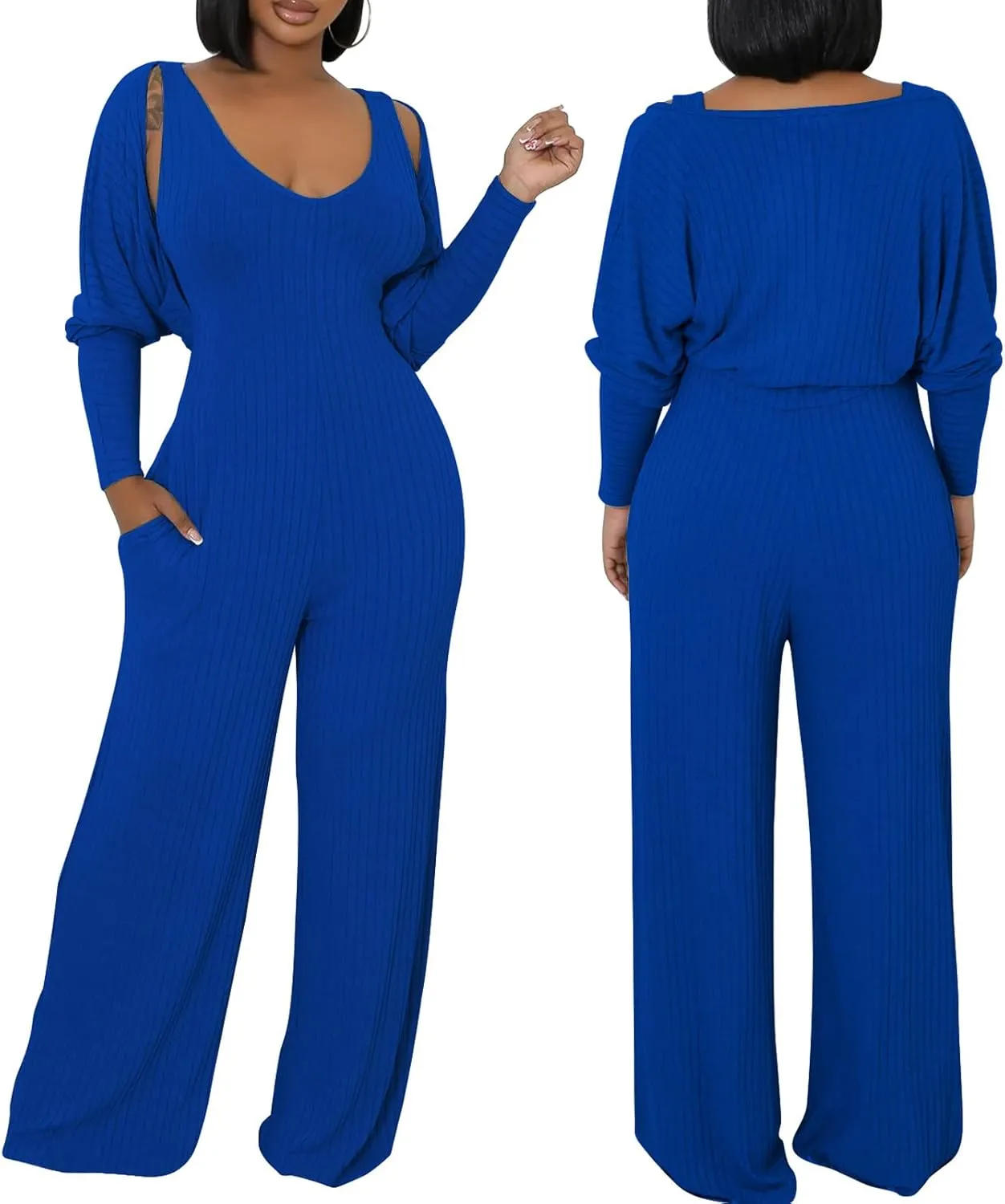ECHOINE Womens V Neck Wide Leg Jumpsuits with Pockets Ribbed Long Sleeve Coat Pants 2 Piece Sets Outfits