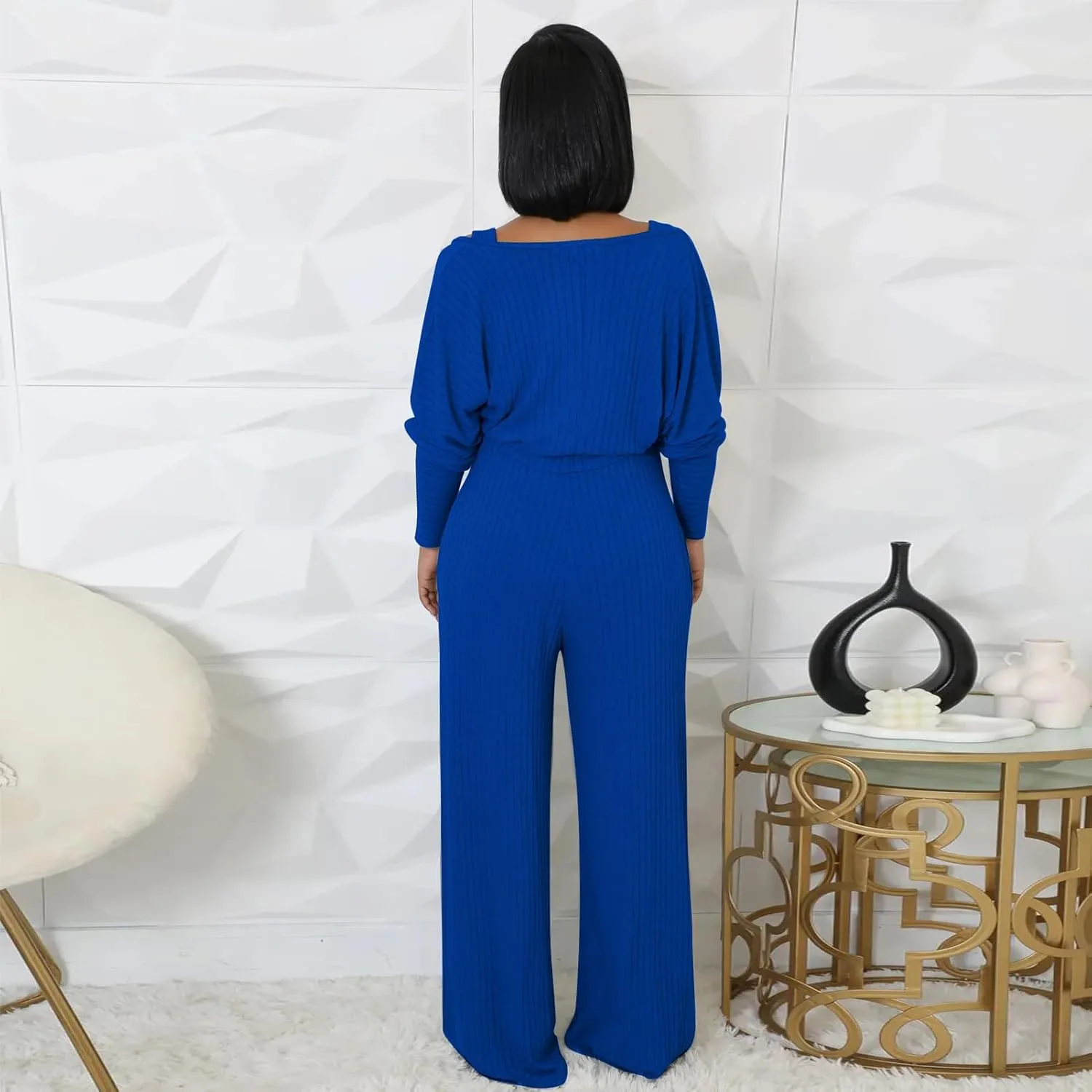 ECHOINE Womens V Neck Wide Leg Jumpsuits with Pockets Ribbed Long Sleeve Coat Pants 2 Piece Sets Outfits