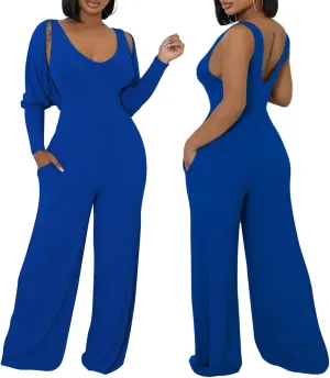 ECHOINE Womens V Neck Wide Leg Jumpsuits with Pockets Ribbed Long Sleeve Coat Pants 2 Piece Sets Outfits